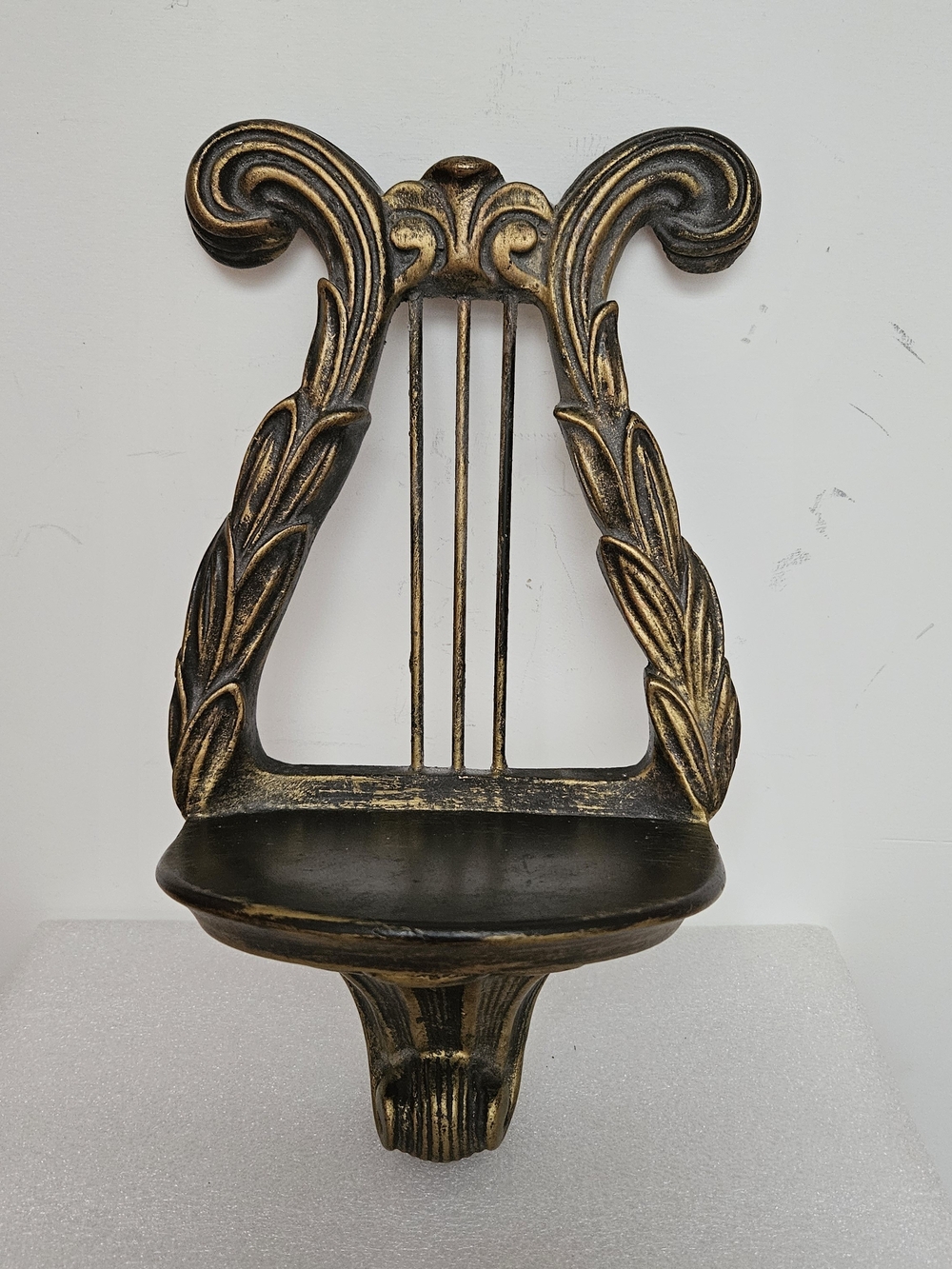 Vintage Chalkware Lyre Harp Shaped Wall Shelf~Bronze Tone 12"